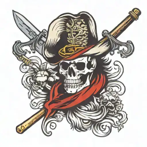 skull wearing tricorn with tomahawk and musket  tattoo design idea