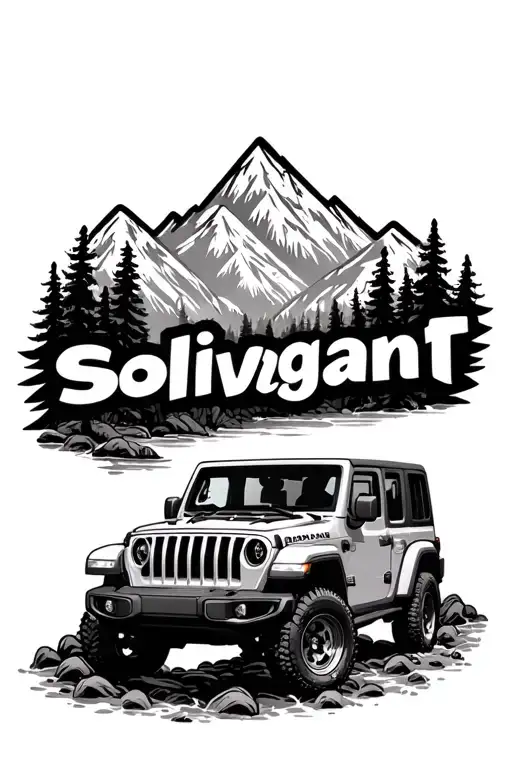 "Solivagant" "Solivagant" topless jeep wrangler in wilderness creek and mountains joined together tattoo design idea