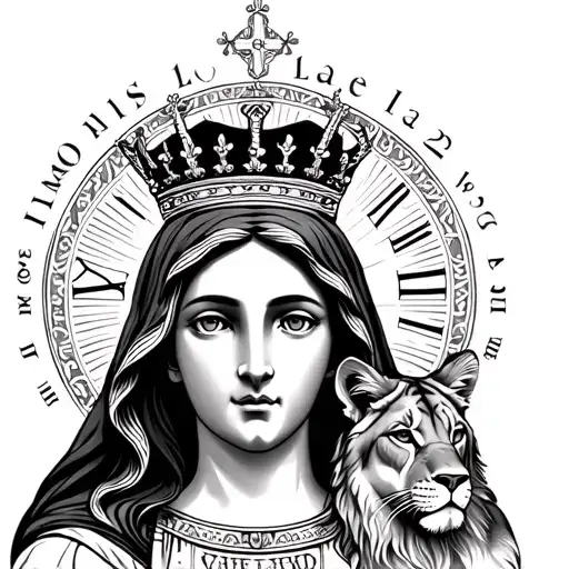 virgin Mary with crown, add Roman numerals 12 & 22, the name Lemmon la'shae with a lioness and bayou tattoo design idea