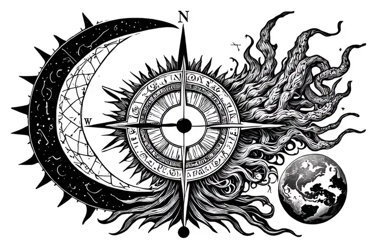 uroboros, sun and moon, compass with E, Vitruvius man, Fibonacci, Medusa, masonry eye, air water fire and earth elements tattoo design idea