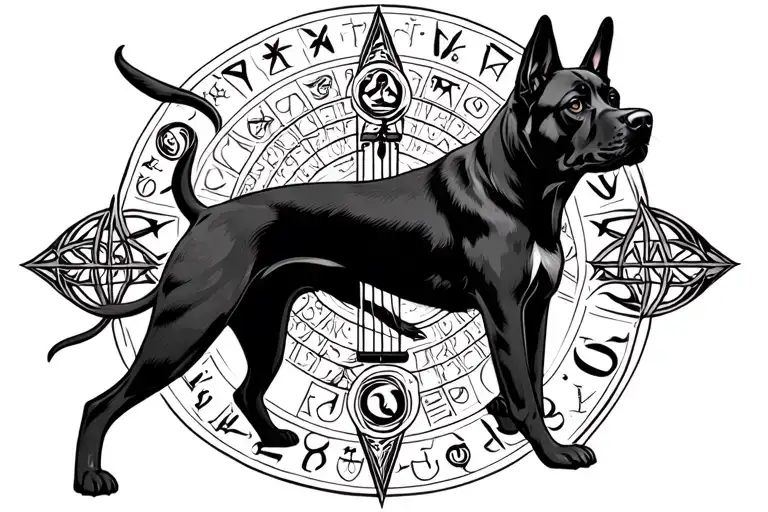 A black drawing with the zodiac sign Libra, with Slavic symbols, based on a large black dog tattoo design idea