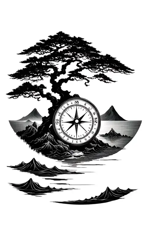 japanese style with time compass tree sea mountains sun tattoo design idea
