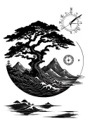 japanese style with time compass tree sea mountains sun tattoo design idea