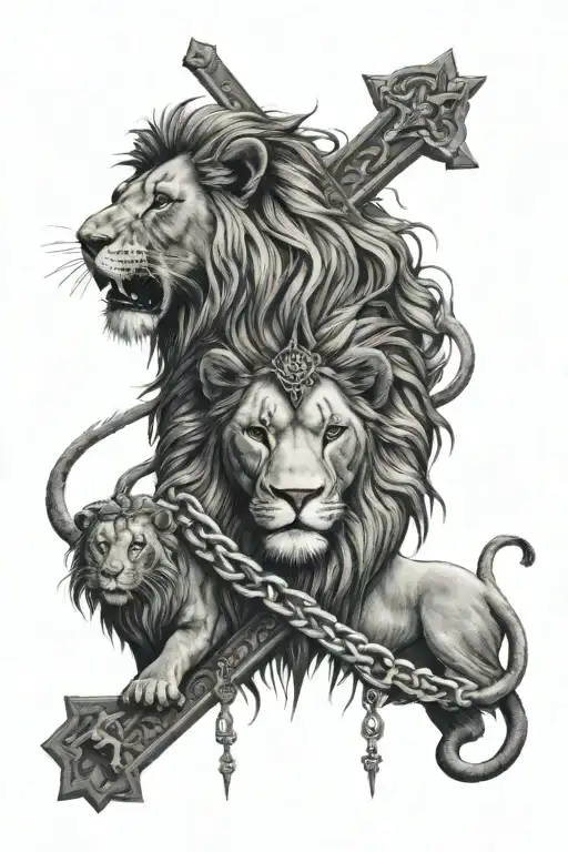 A lion and god with a cross necklace tattoo design idea
