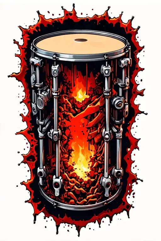 the inside of the forearm is visible through eroded Skin and reveals drum sticks instead of bones and cyborg machinery tattoo design idea