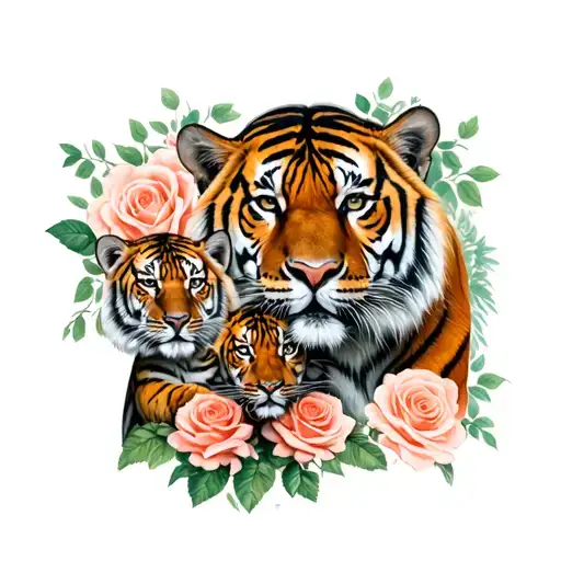 tiger and cubs intertwined with roses tattoo design idea