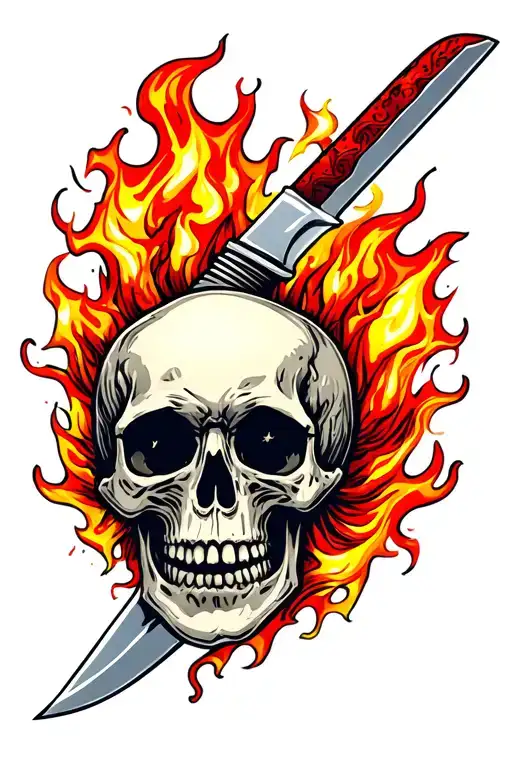 skull with flaming knife through its head tattoo design idea