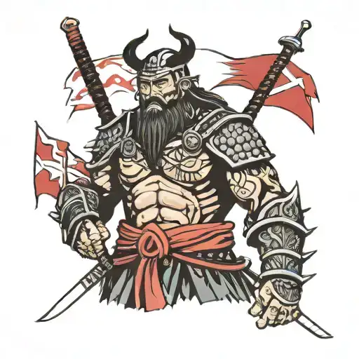 samurai warrior with a viking face with a puertorrican flag tattos tattoo design idea