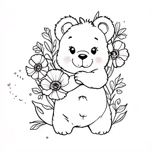 care bear and poppy flowers in belly tattoo design idea