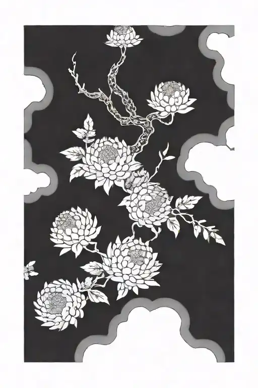 Generate me an image of a full sleeve tattoo using a blackwork and Japanese style with the Chrysanthemum flowers and a tattoo design idea