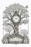 Wide tree with gravestones at the bottom with flowers and timepiece  tattoo design idea