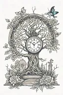 Wide tree with gravestones at the bottom with flowers and timepiece  tattoo design idea