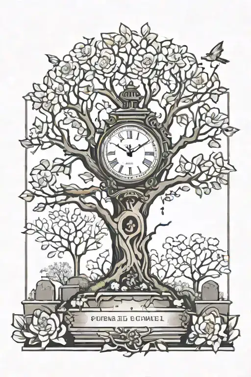 Wide tree with gravestones at the bottom with flowers and timepiece  tattoo design idea