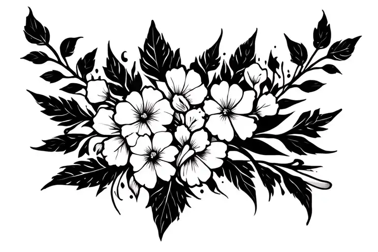  tattoo design incorporating WHITE vine leaves, MANY WHITE FLOWERS and geometric patterns. RECTABGULAR  tattoo design idea