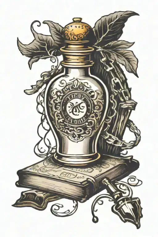 books, fantasy, potion bottle tattoo design idea