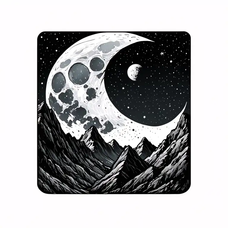 waxing gibbous moon with mountains - fine line minimalist  tattoo design idea