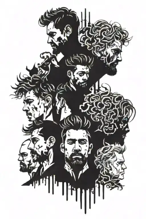 a black silhouette of a man with other silhouettes of people hanging over him tattoo design idea