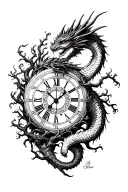 tree and dragon and clocks tattoo design idea