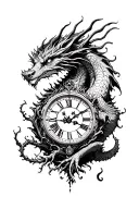 tree and dragon and clocks tattoo design idea