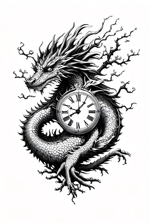 tree and dragon and clocks tattoo design idea
