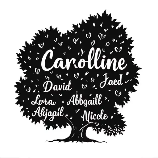 tree with name Caroline as the trunk of the tree and names David, Jaed, Lorna, Abigail and Nicole as the branches  tattoo design idea