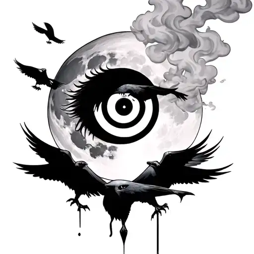 a half moon with smoke going down pinky finger. itachi's eye with mangekyo sharingan, his ravens and some clouds, smoke. tattoo design idea