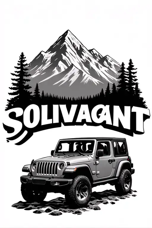 "Solivagant" "Solivagant" "Solivagant" topless jeep wrangler in wilderness creek and mountains joined together tattoo design idea