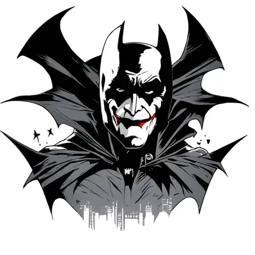 Batman with joker, dark night symbol and sky line tattoo design idea