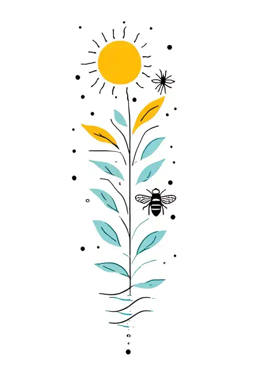 fine line tattoo, all symbols vertical in one line, : sun, plants, bee and water, with dots and line, very minimalistic tattoo design idea