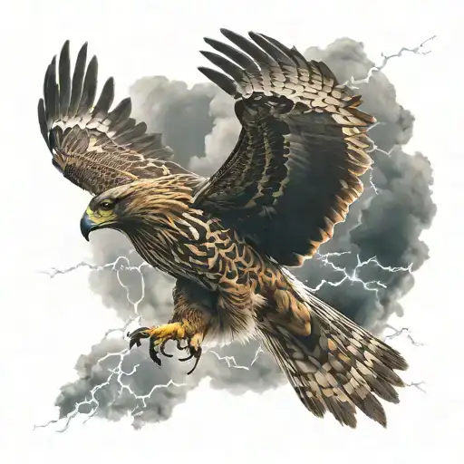 a hawk flying foward with dark clouds and lightning in the background tattoo design idea