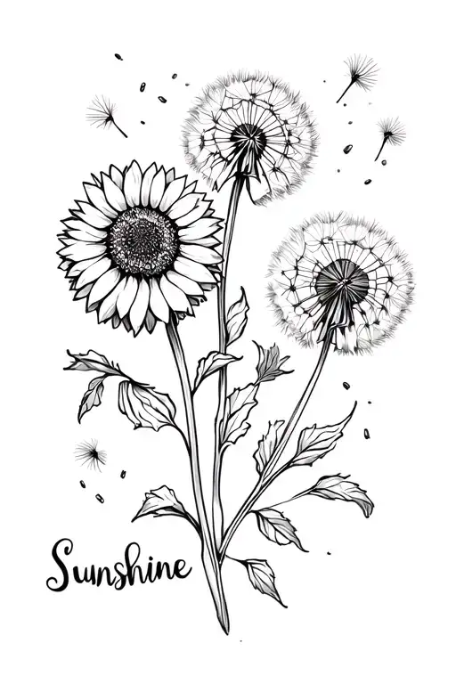 sunflower and dandelion flower in full bloom tied together on stems, word "Sunshine" along side, dandelion seeds in air tattoo design idea