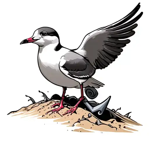 NON BREEDING ADULT LAUGHING GULL SEAGULL, staring AT THE OCEAN, PERCHED ON TOP OF AN ANCHOR COMING OUT OF THE SAND ON A tattoo design idea