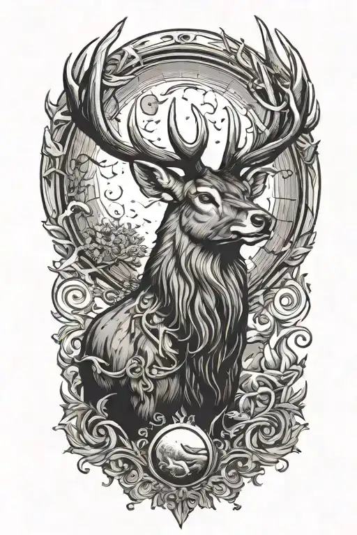 Powerful stag head and moon tattoo design idea