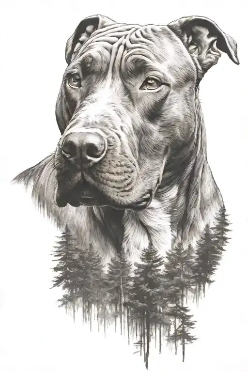 pitbull dog with background of the forest tattoo design idea