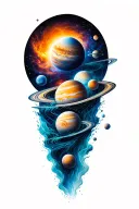 a universe with alot of planets flowing down a nebula, the planets are inside the river tattoo design idea