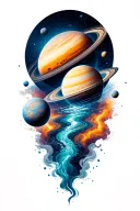 a universe with alot of planets flowing down a nebula, the planets are inside the river tattoo design idea