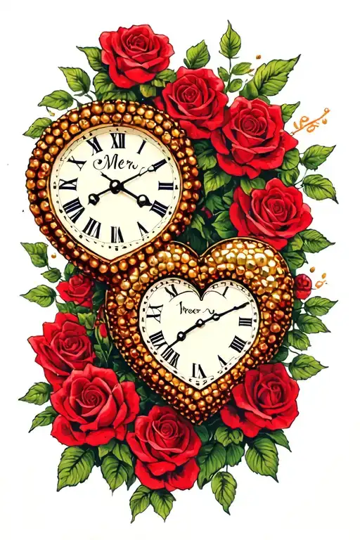   2 heart shaped beaded clocks linked vertically together with a lot of red roses around them. One clock should say Merr tattoo design idea