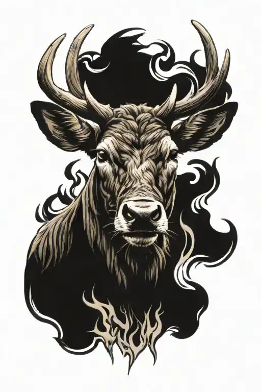 A stags head coming out of a fire. One bull on either side formed in the fire. Bellow is a vixens head  with a female fa tattoo design idea