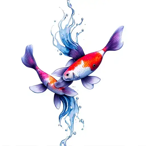 2 koi fish swimming upstream mainly purples and blues add a bit of pink tattoo design idea
