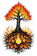 yggdrasil tree with big beautiful branches on fire with interwoven roots tattoo design idea