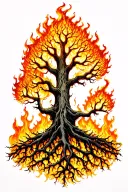 yggdrasil tree with big beautiful branches on fire with interwoven roots tattoo design idea