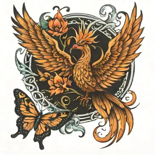 phoenix and butterfly surrounded tattoo design idea