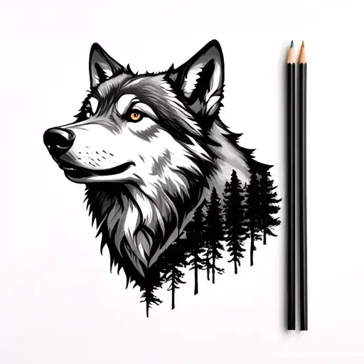 Wolf head with forest panorama tattoo design idea