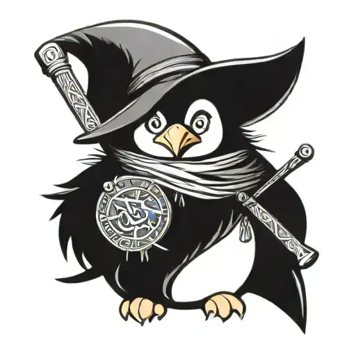 wizard penguin with beard holding staff tattoo design idea