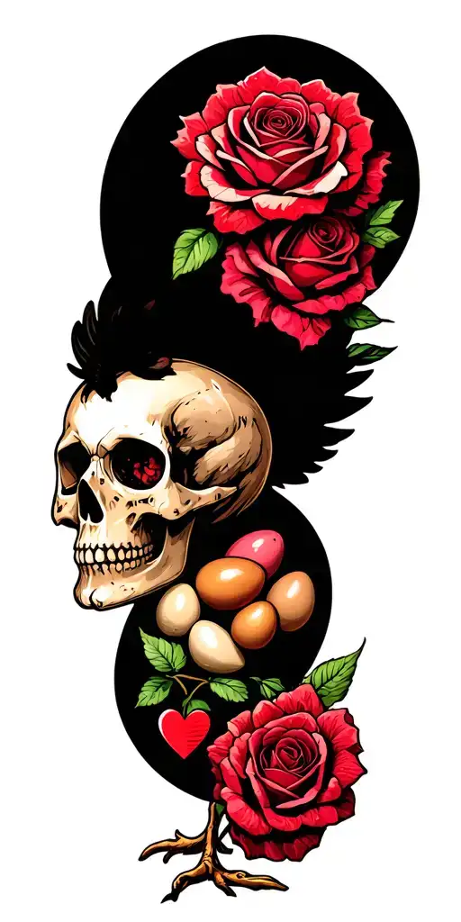 skull chicken and eggs Roses and hearts tattoo design idea