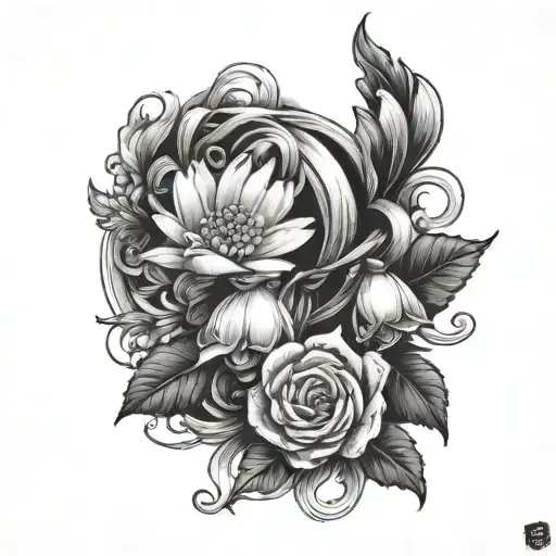 2 daisies, 1 snowdrop, 1 rose with ribbon as a tie tattoo design idea