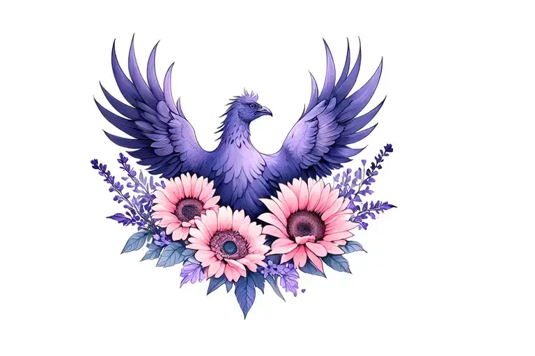 feminine and fine phoenix surrounded by pink lavender anemone lily and sunflower tattoo design idea