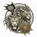 Two Dragons outside with fire and lightning with half face of lion and half face of tiger inside of it a compass from he tattoo design idea