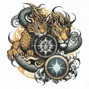 Two Dragons outside with fire and lightning with half face of lion and half face of tiger inside of it a compass from he tattoo design idea