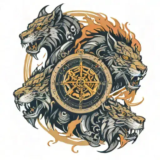 Two Dragons outside with fire and lightning with half face of lion and half face of tiger inside of it a compass from he tattoo design idea